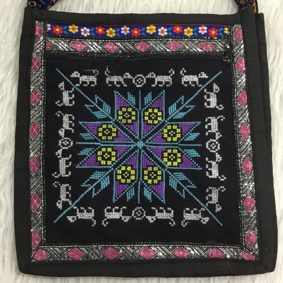 Crossbody Boho cross stitch handmade fabric cute artisan purse - Picture 1 of 6